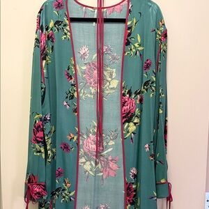 Free People Maxi Green Floral Duster Kimono with Pink Accents Sz. L